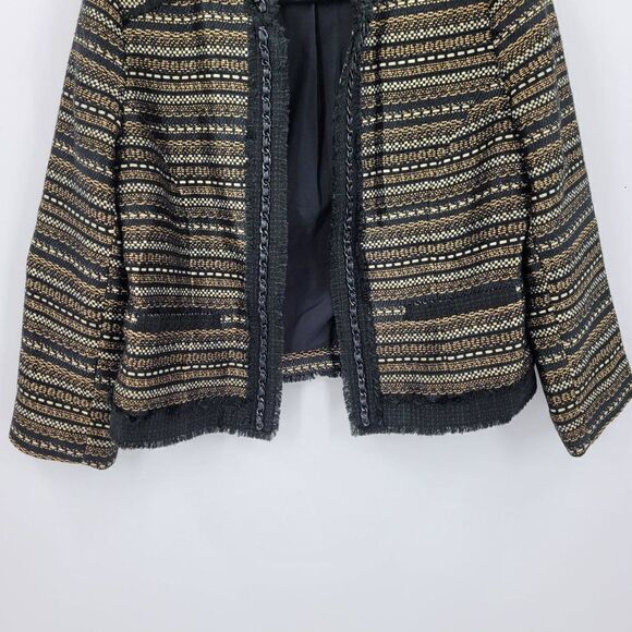 Chico's Boucle Tweed Blazer Size 1 M Black Gold Metallic Striped Chain Trim - Picture 6 of 12